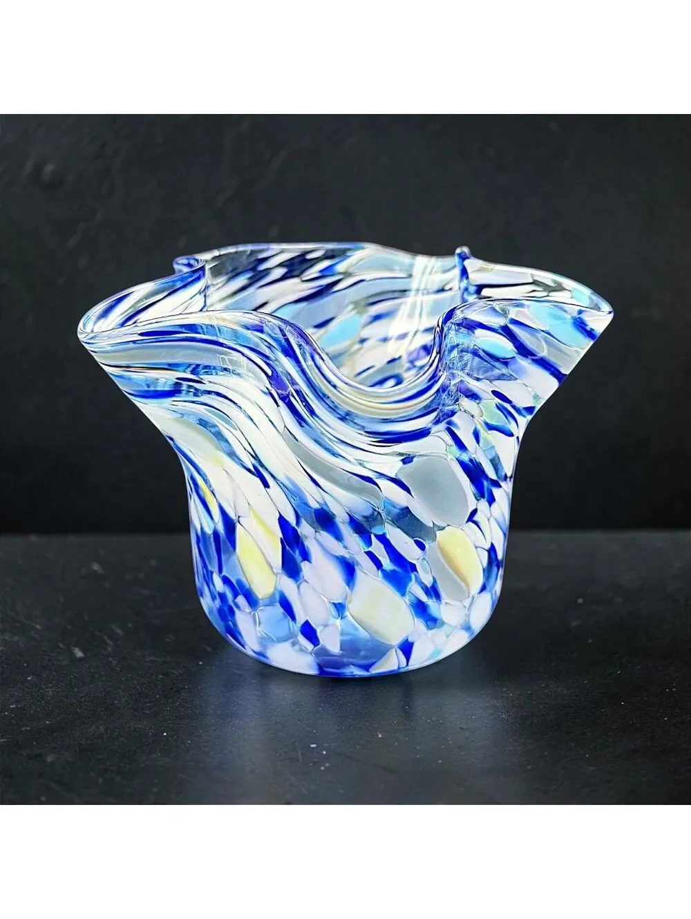 Vintage Signed Hand Blown Confetti Ruffled Art Glass Bowl Handkerchief Vase 4